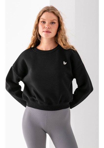 Kadın Bisiklet Yaka Kelebek Aksesuarlı 3ip Crop Sweatshirt Siyah - 2670
