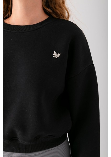 Kadın Bisiklet Yaka Kelebek Aksesuarlı 3ip Crop Sweatshirt Siyah - 2670