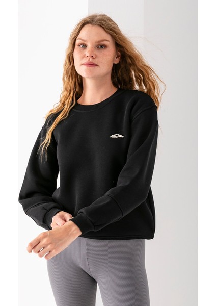 Kadın Bisiklet Yaka Miu Miu Aksesuarlı 3ip Sweatshirt Siyah - 2627