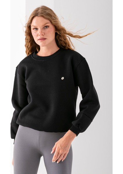 Kadın Bisiklet Yaka Fiyonk Aksesuarlı 3ip Sweatshirt Siyah - 2624