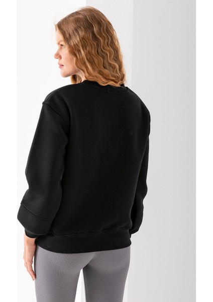 Kadın Bisiklet Yaka Fiyonk Aksesuarlı 3ip Sweatshirt Siyah - 2624
