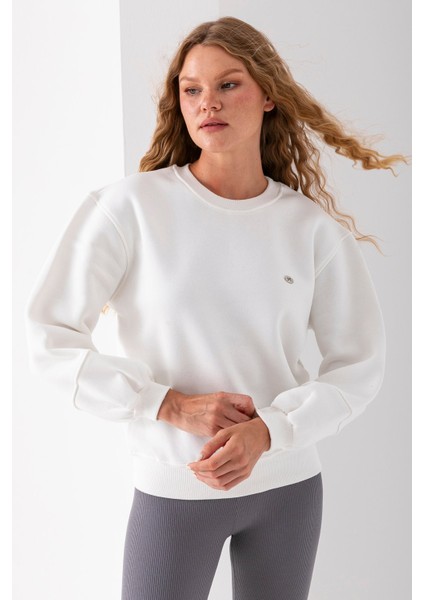 Kadın Bisiklet Yaka Fiyonk Aksesuarlı 3ip Sweatshirt Beyaz - 2624