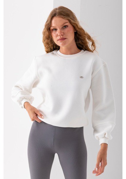 Kadın Bisiklet Yaka Fiyonk Aksesuarlı 3ip Sweatshirt Beyaz - 2624