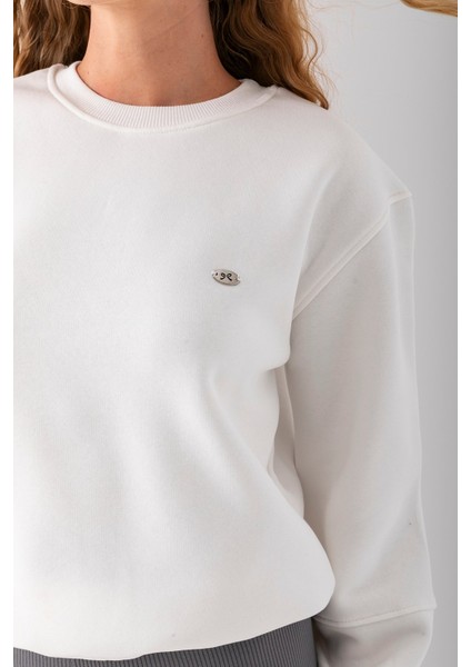 Kadın Bisiklet Yaka Fiyonk Aksesuarlı 3ip Sweatshirt Beyaz - 2624