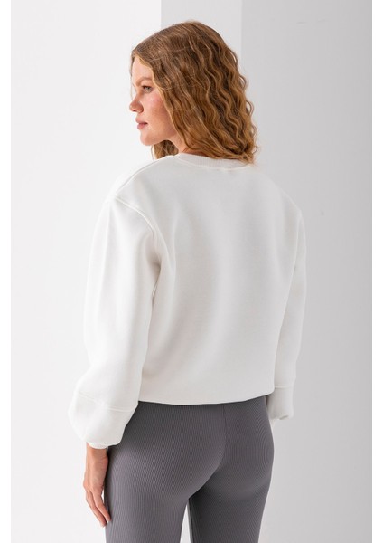 Kadın Bisiklet Yaka Fiyonk Aksesuarlı 3ip Sweatshirt Beyaz - 2624
