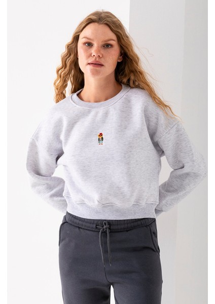 Kadın Bisiklet Yaka Gözlüklü Ayı Nakışlı 3ip Crop Sweatshirt Gri - 2671
