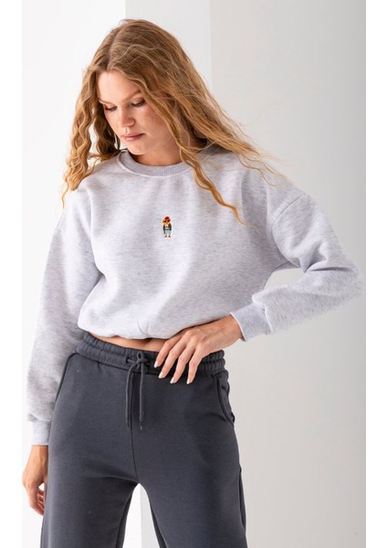 Kadın Bisiklet Yaka Gözlüklü Ayı Nakışlı 3ip Crop Sweatshirt Gri - 2671 fırsatları