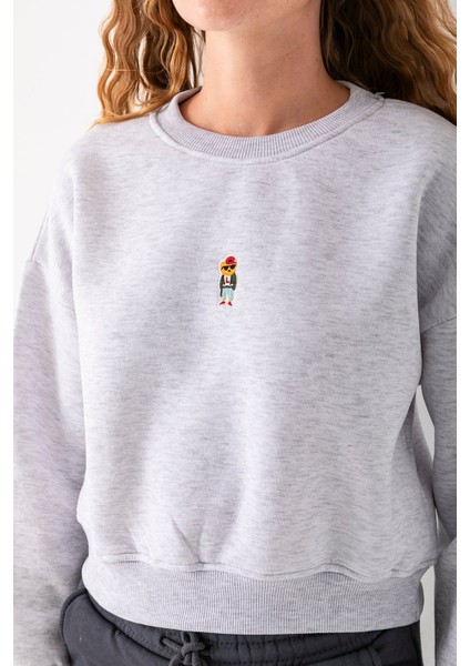 Kadın Bisiklet Yaka Gözlüklü Ayı Nakışlı 3ip Crop Sweatshirt Gri - 2671