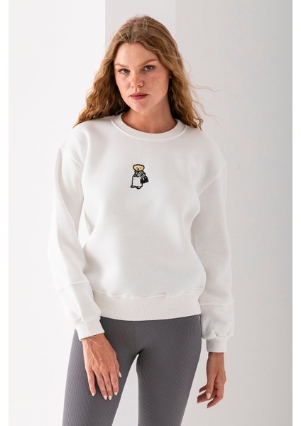 Kadın Bisiklet Yaka Çantalı Ayıcık Nakışlı 3ip Sweatshirt Beyaz - 2626 indirimleri
