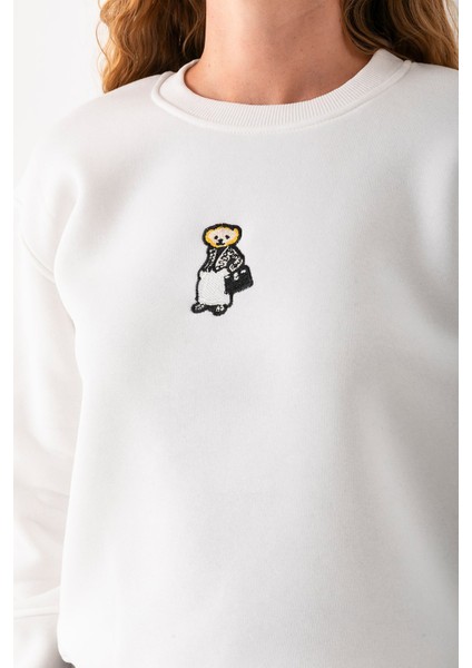 Kadın Bisiklet Yaka Çantalı Ayıcık Nakışlı 3ip Sweatshirt Beyaz - 2626
