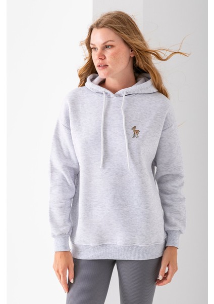 Kadın Kapüşonlu Ceylan Nakışlı 3ip Sweatshirt Gri - 2622