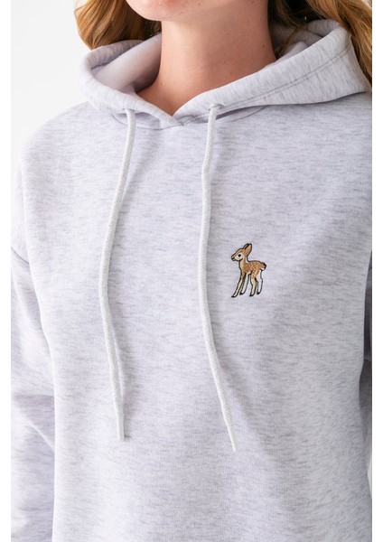Kadın Kapüşonlu Ceylan Nakışlı 3ip Sweatshirt Gri - 2622