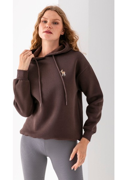 Kadın Kapüşonlu Ceylan Nakışlı 3ip Sweatshirt Kahverengi - 2622 modelleri