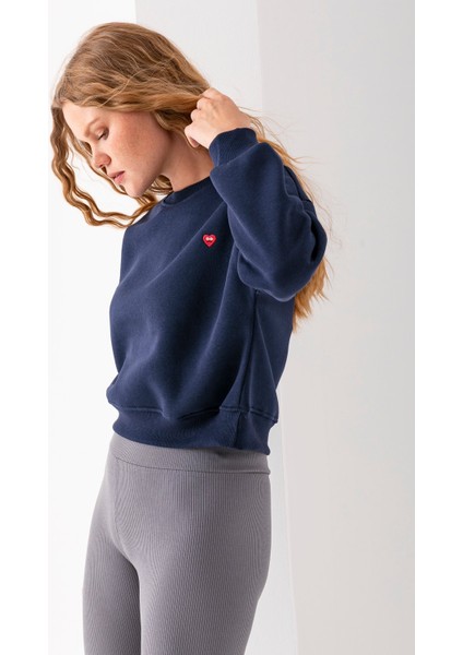 Kadın Bisiklet Yaka Kalp Nakışlı 3ip Crop Sweatshirt Lacivert - 2669 fiyatları