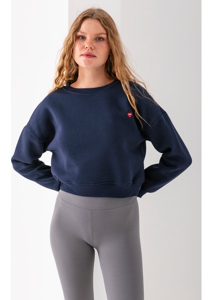 Kadın Bisiklet Yaka Kalp Nakışlı 3ip Crop Sweatshirt Lacivert - 2669 fırsatları