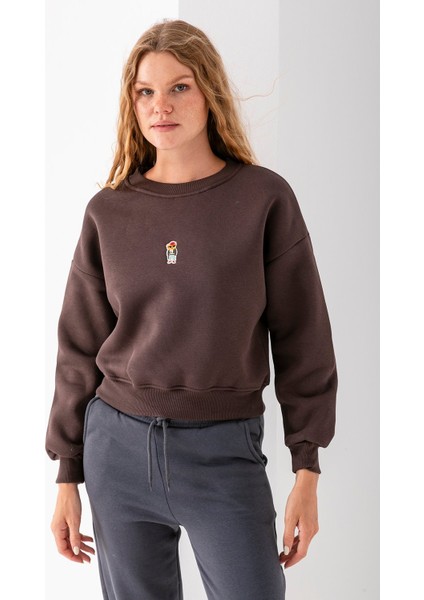 Kadın Bisiklet Yaka Gözlüklü Ayı Nakışlı 3ip Crop Sweatshirt Kahverengi - 2671 fiyatları