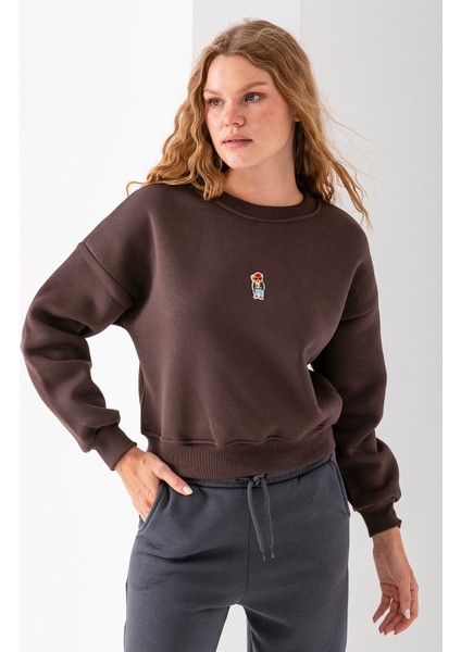 Kadın Bisiklet Yaka Gözlüklü Ayı Nakışlı 3ip Crop Sweatshirt Kahverengi - 2671 modelleri