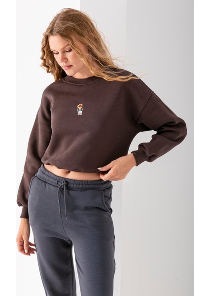 Kadın Bisiklet Yaka Gözlüklü Ayı Nakışlı 3ip Crop Sweatshirt Kahverengi - 2671 indirimleri