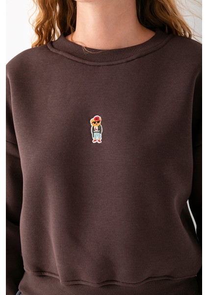 Kadın Bisiklet Yaka Gözlüklü Ayı Nakışlı 3ip Crop Sweatshirt Kahverengi - 2671