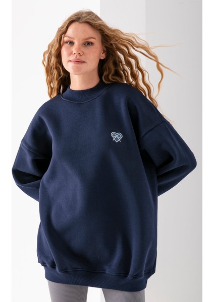 Kadın Bisiklet Yaka Fiyonk Kalp Nakışlı Oversize 3ip Sweatshirt Lacivert - 2629 fırsatları