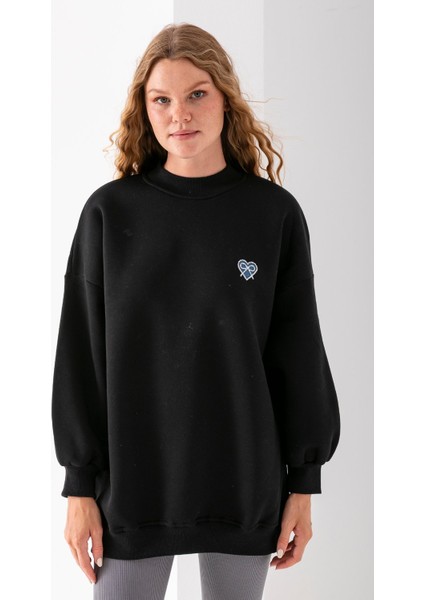 Kadın Bisiklet Yaka Fiyonk Kalp Nakışlı Oversize 3ip Sweatshirt Siyah - 2629 fiyatları