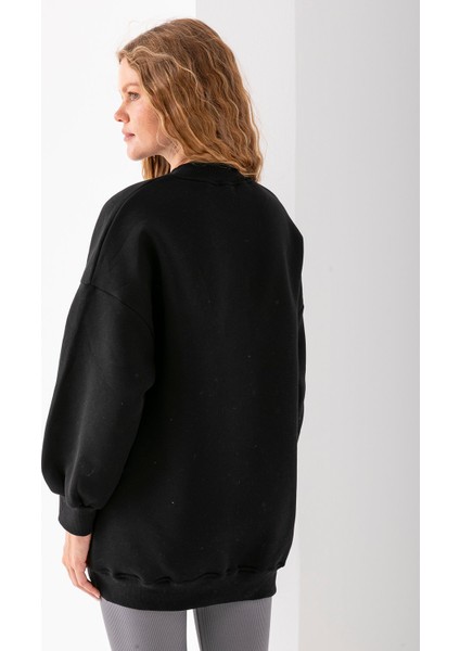 Kadın Bisiklet Yaka Fiyonk Kalp Nakışlı Oversize 3ip Sweatshirt Siyah - 2629
