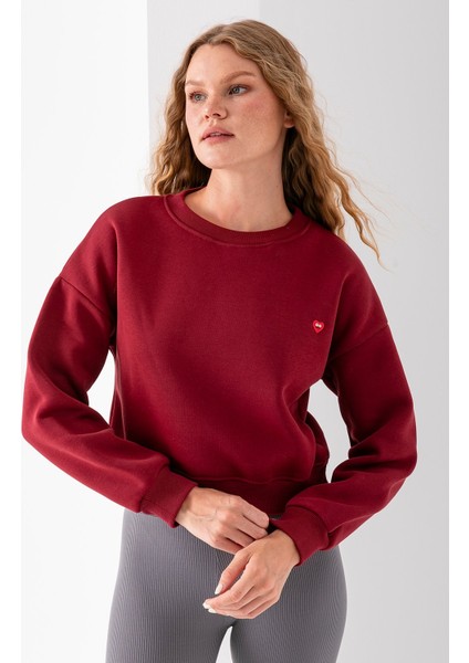 Kadın Bisiklet Yaka Kalp Nakışlı 3ip Crop Sweatshirt Bordo - 2669