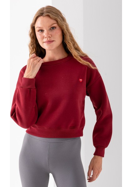 Kadın Bisiklet Yaka Kalp Nakışlı 3ip Crop Sweatshirt Bordo - 2669 fiyatları