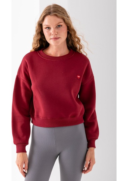 Kadın Bisiklet Yaka Kalp Nakışlı 3ip Crop Sweatshirt Bordo - 2669 modelleri