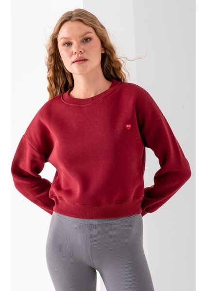 Kadın Bisiklet Yaka Kalp Nakışlı 3ip Crop Sweatshirt Bordo - 2669 fırsatları