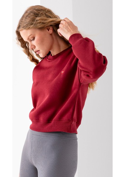 Kadın Bisiklet Yaka Kalp Nakışlı 3ip Crop Sweatshirt Bordo - 2669 indirimleri