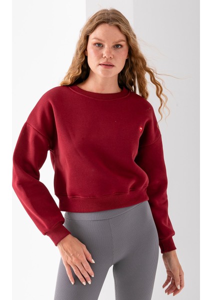 Kadın Bisiklet Yaka Kalp Nakışlı 3ip Crop Sweatshirt Bordo - 2669
