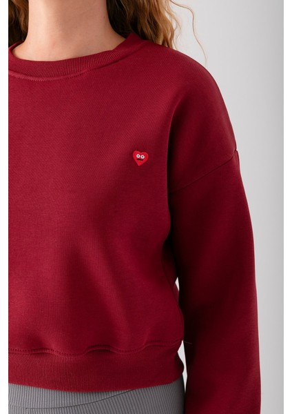 Kadın Bisiklet Yaka Kalp Nakışlı 3ip Crop Sweatshirt Bordo - 2669