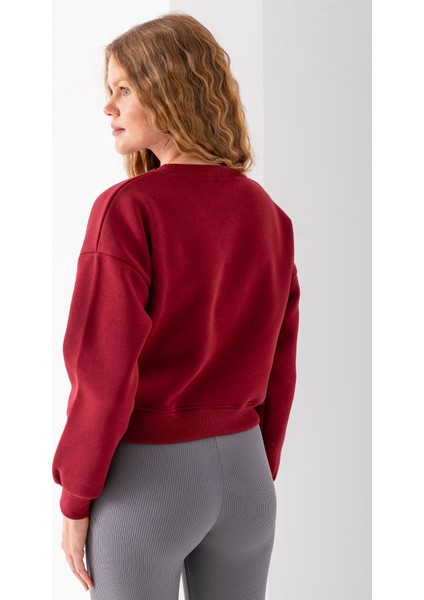 Kadın Bisiklet Yaka Kalp Nakışlı 3ip Crop Sweatshirt Bordo - 2669