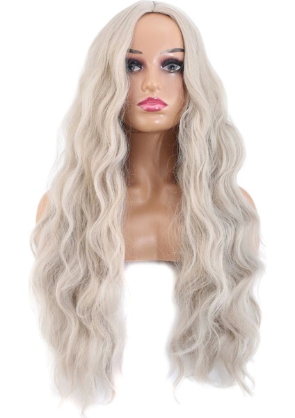 Uzun Su Dalgası Fiber Sentetik Peruk - Küllü Beyaz
