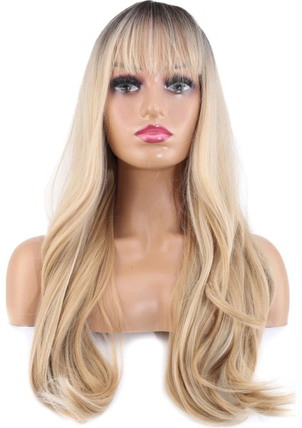 Doğal Dalgalı Perçemli Fiber Sentetik Uzun Boy Peruk - Kumral - Platin Ombre ve Röfleli