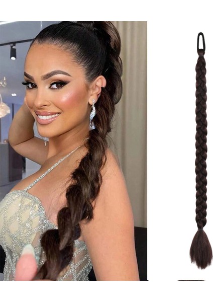 İkili Örgü Lastik Tokalı At Kuyruğu - Kahverengi