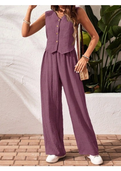 Kadın Sıfır Kollu Düğmeli Yelek ve Pantolon Bürümcük Ikili Takım