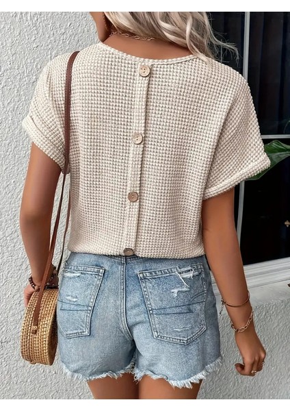 Kadın Kısa Kollu V Yaka Sırt Düğme Detay Triko Bluz fiyatları