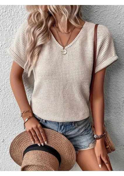 Kadın Kısa Kollu V Yaka Sırt Düğme Detay Triko Bluz modelleri