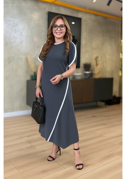 Miracotton Kadın Kısa Kollu Bisiklet Yaka Çift Şerit Renk Detaylı Asimetrik Kesim Viskon Iki Iplik Elbise