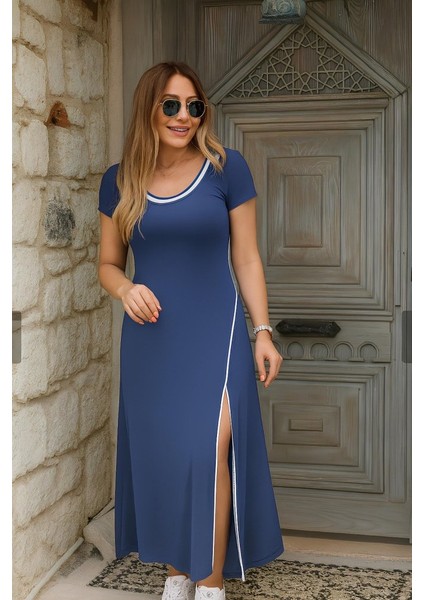 Aknbutik Kadın Kısa Kollu Yuvarlak Yaka Beyaz Yırtmaç Detaylı Viskon Tam Boy Elbise fiyatları