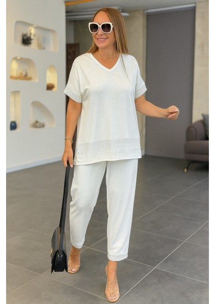 Aknbutik Kadın Kısa Kollu V Yakalı Pul Payetli Viskon Iki Iplik Bluz ve Pantolon Ikili Takım