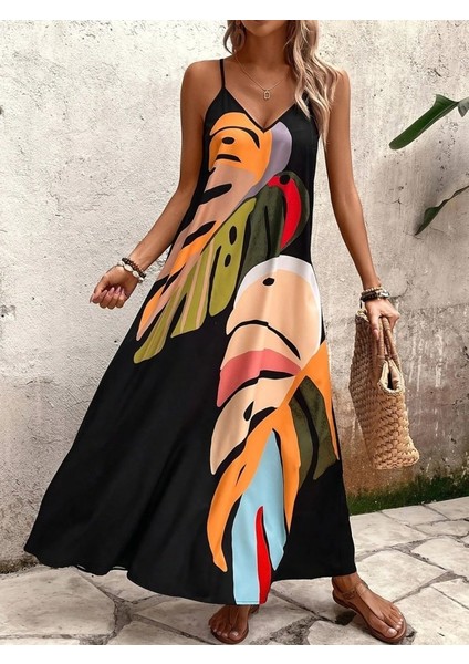 Kadın Ip Askılı V Yakalı Desenli Süprem Maxi Elbise