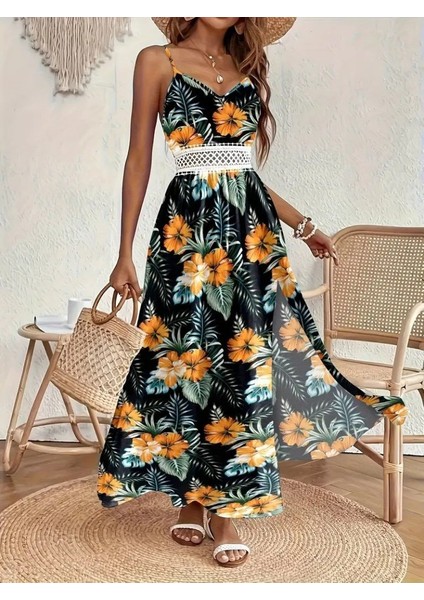 Kadın Ip Askılı V Yakalı Bel Güpür Çiçek Desenli Yandan Yırtmaçlı Maksi Süprem Elbise fırsatları