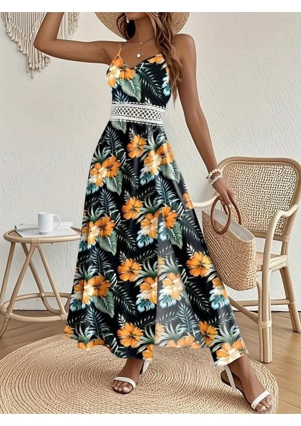 Kadın Ip Askılı V Yakalı Bel Güpür Çiçek Desenli Yandan Yırtmaçlı Maksi Süprem Elbise indirimleri