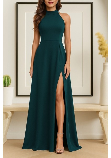 Kadın Kolsuz Halter Yaka Derin Yırtmaç Detaylı Tam Boy Ithal Krep Elbise modelleri