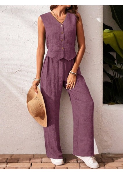 Kadın Sıfır Kollu Düğmeli Yelek ve Pantolon Bürümcük Ikili Takım indirimleri
