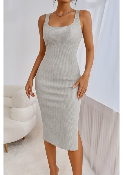 Aknbutik Kadın Askılı Kare Yaka Yandan Yırtmaçlı Midi Kaşkorse Elbise fırsatları