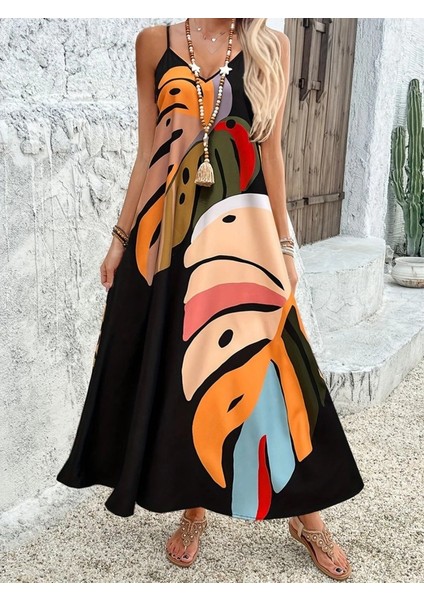 Kadın Ip Askılı V Yakalı Desenli Süprem Maxi Elbise modelleri